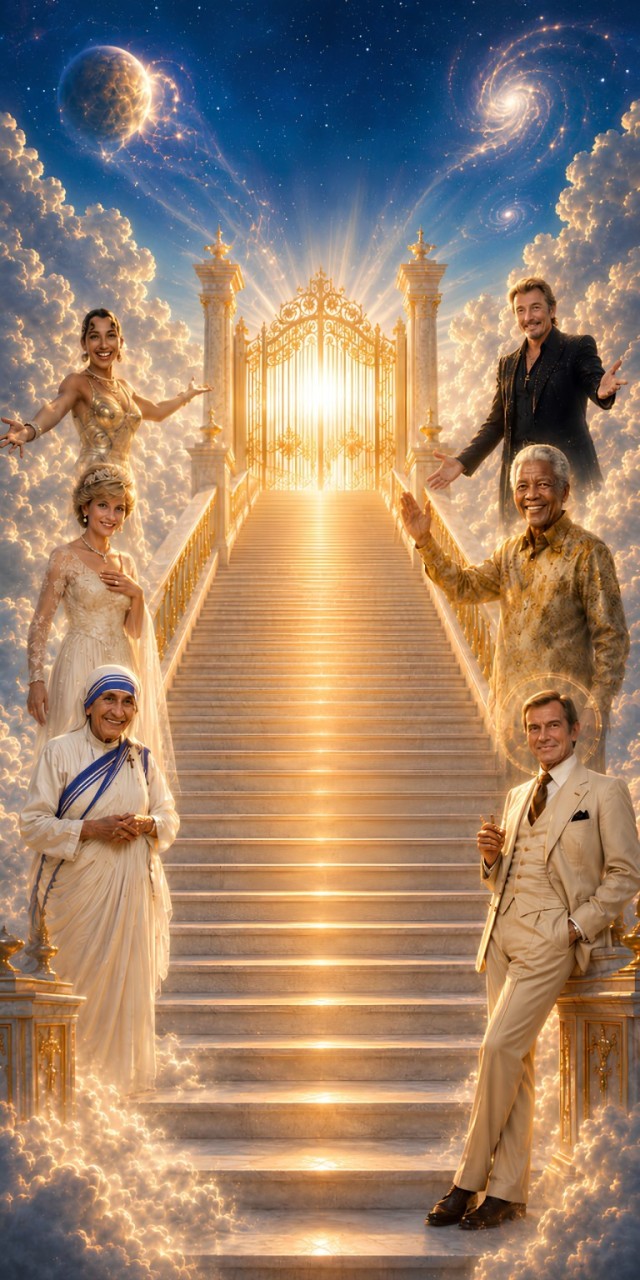 Un escalier lumineux, peuplé de personnages souriants, mène à la grille du Paradis.