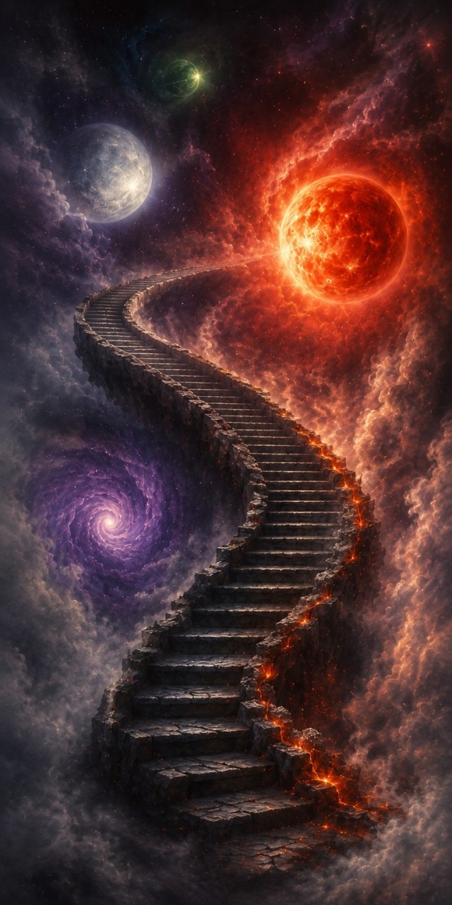 Un escalier noir et rouge serpente à travers les astres.